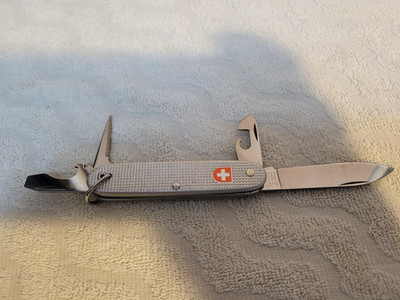 WENGER DELEMONT SWITZERLAND 4 BLADE SILVER ALUMINUM HANDLE KNIFE