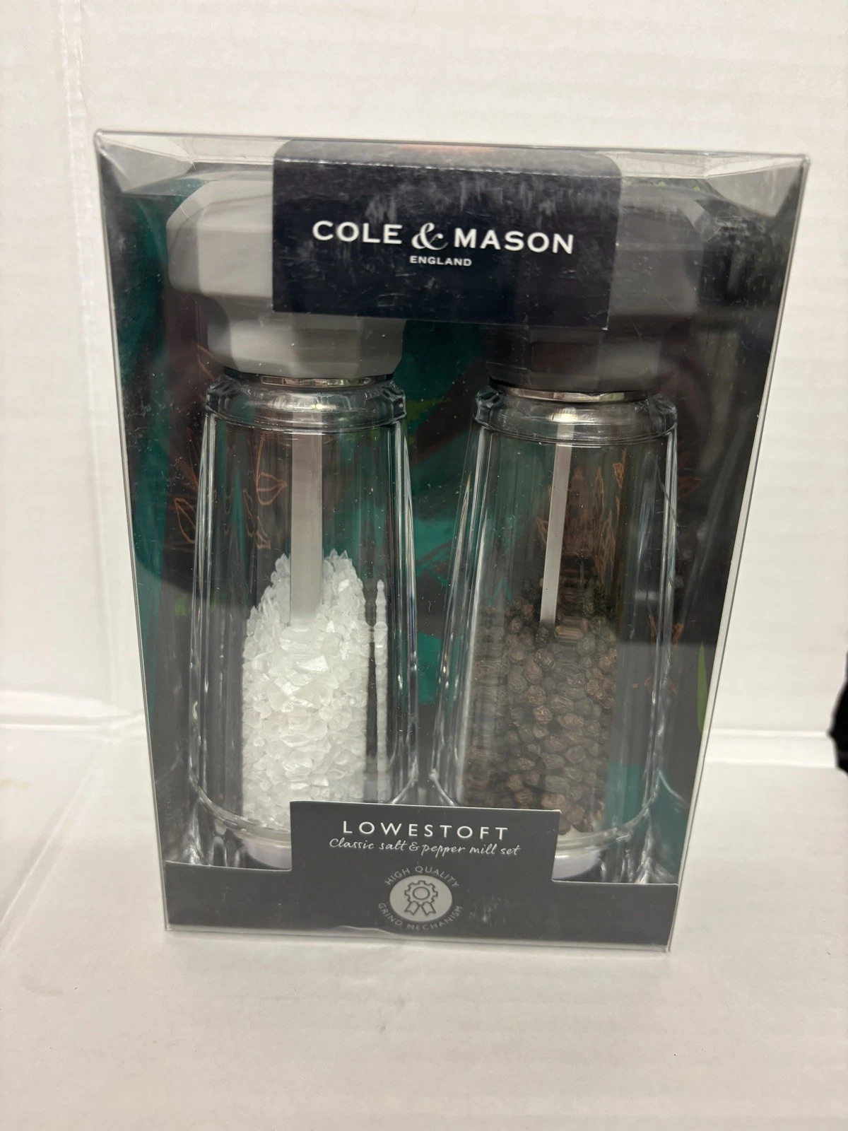Cole & Mason Lowestoft grey/clear adjustable grind acrylic salt & pepper mills
