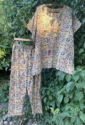 Hand Block Print Hosenanzug Unikat OOAK Vintage Hippie Boho Krawatte Top Indisch