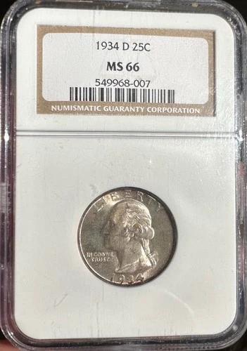 1934-D Washington Quarter 25C NGC MS66 ⭐ Nice Luster • Old Holder • PQ