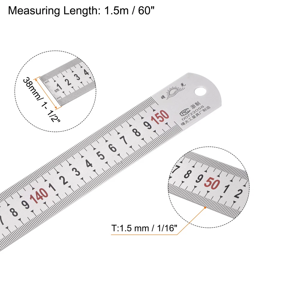 2Pcs Stainless Steel Ruler 60"x1/16"x1-1/2" Straight Edge Measuring Tools - Imagem 2 de 4
