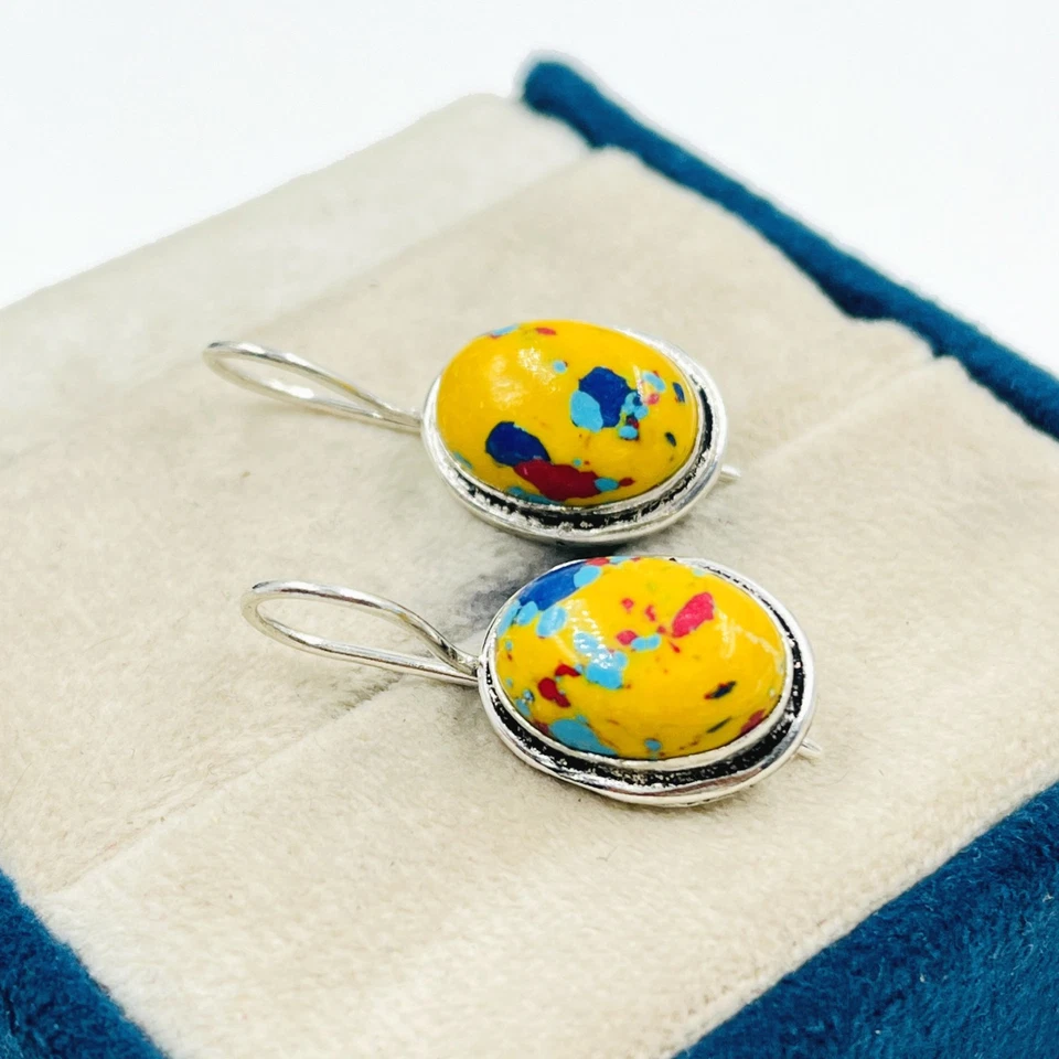 Pendientes colgantes de plata de ley 925 con mosaico natural de jaspe piedras preciosas Foto 3 de 4