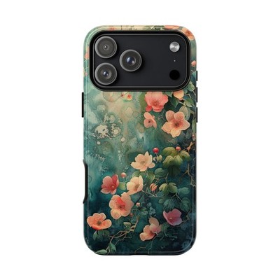 Phone Ink - iPhone/Galaxy/Pixel - Tough Case - Watercolor Pink Flower Jade Green