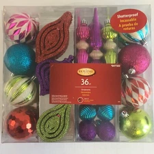 Holiday Living 36 Piece Shatterproof Christmas Ornament Set Pink Blue Green Red