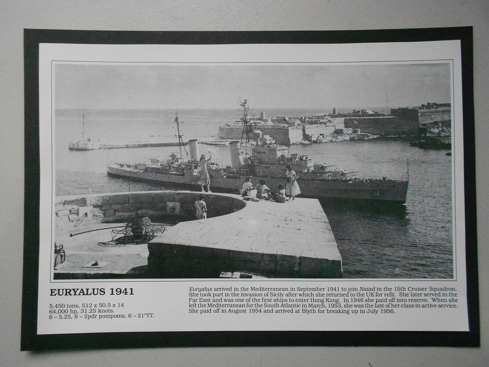 VINTAGE NAVAL  PRINT- HMS EURYALUS 1941 CRUISER   MALTA HARBOUR