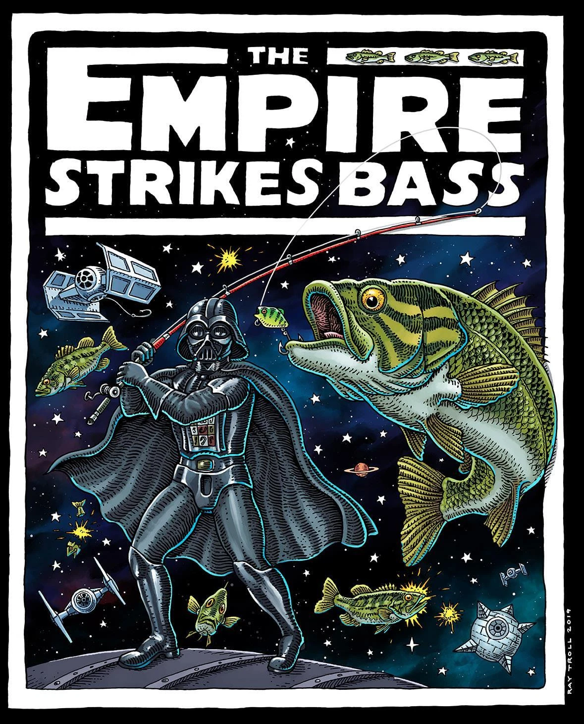 Ray Troll Empire Strikes Bass fish pun Star Wars Darth V NEW adult t-shirt L, S