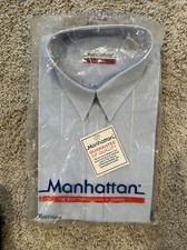 Vintage Manhattan Mens Size 16 Button Down Light Blue White Stripes Shirt SS