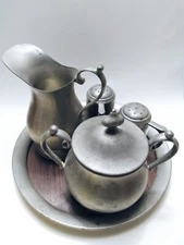 Pewter Creamer And Sugar Bowl Salt & Pepper Shakers & Tray Set  Classic Colonial