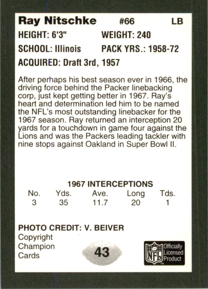 1991 Super Bowl II 25th Anniversary #43 Ray Nitschke RARE Packers / Illinois - Image 2 of 3