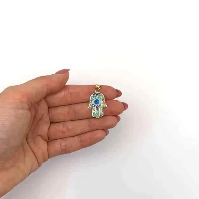 Colgante Mal de Ojo Mano Hamsa Esmalte Oro 14K Real 1.1" - Hecho en Europa Foto 4 de 4