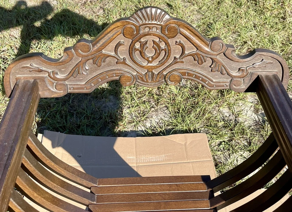 Antique Carved Wood Lion Heads On Arms Scissor Folding Chair Renaissance Decor - Image 2 of 4