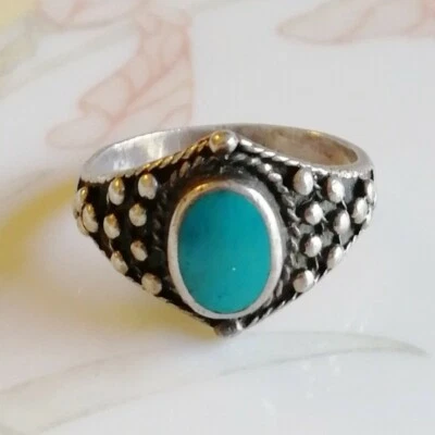 Ancienne bague en argent massif 925 avec pierre turquoise t. 54 - Photo 1/4