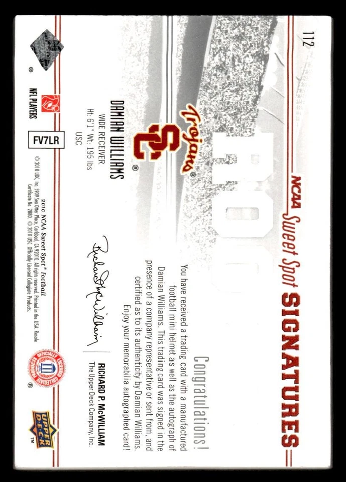 2010 UPPER DECK NCAA SWEET SPOT DAMIAN WILLIAMS 112 AUTOGRAPH HELMET RC USC - Image 2 of 2