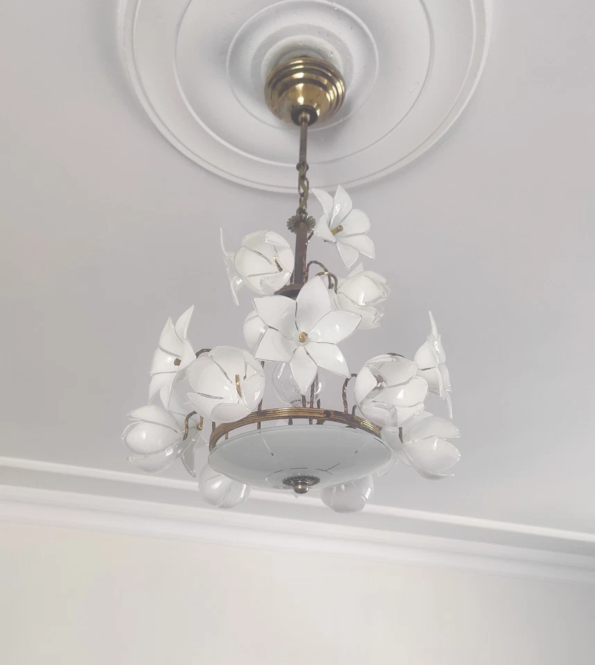 Vintage White Murano Milk Glass Calla Lily Chandelier - Image 2 of 4