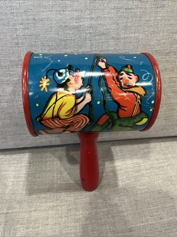 Vintage Noise Maker Tin Toy With Wood Handle