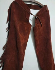 Vintage Suede Leather Chaps with Fringe Western Cowboy Rodeo Brown