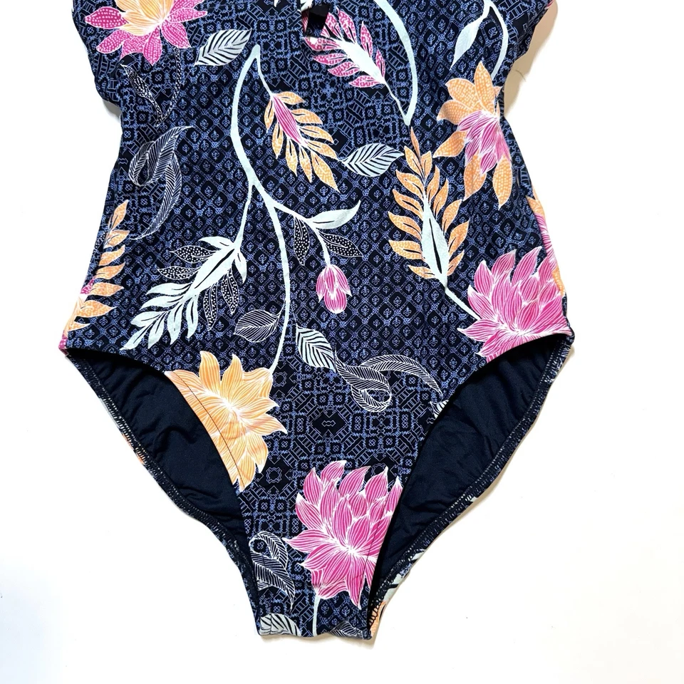 Traje de baño Seafolly Deep-V de una pieza azul y rosa loto floral antro para mujer 8” Foto 2 de 4
