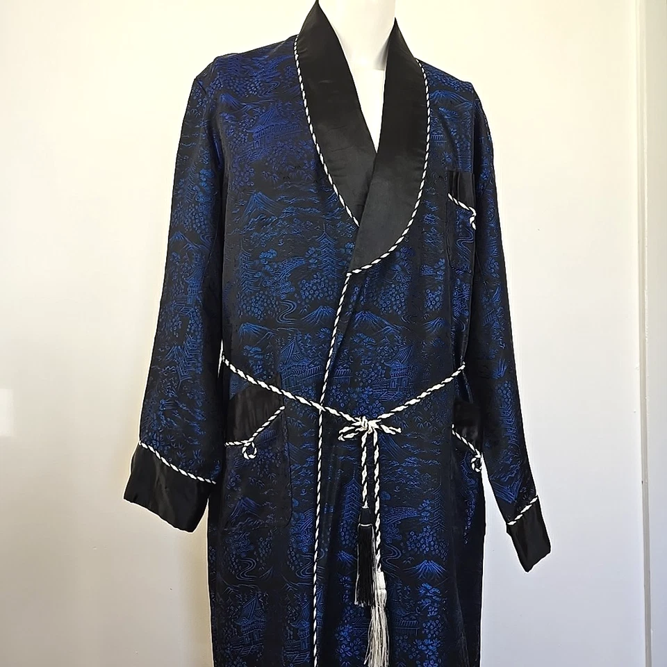 Roupão masculino vintage anos 50 moda alta comprimento total azul royal preto brocado de seda G - Imagem 4 de 4