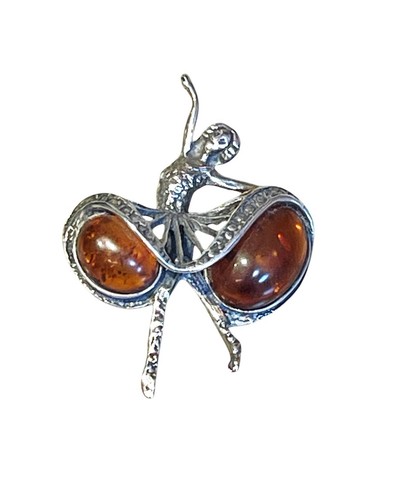 Vintage Polish 925 Silver Ballerina Brooch with Baltic Amber Cabochon Skirt