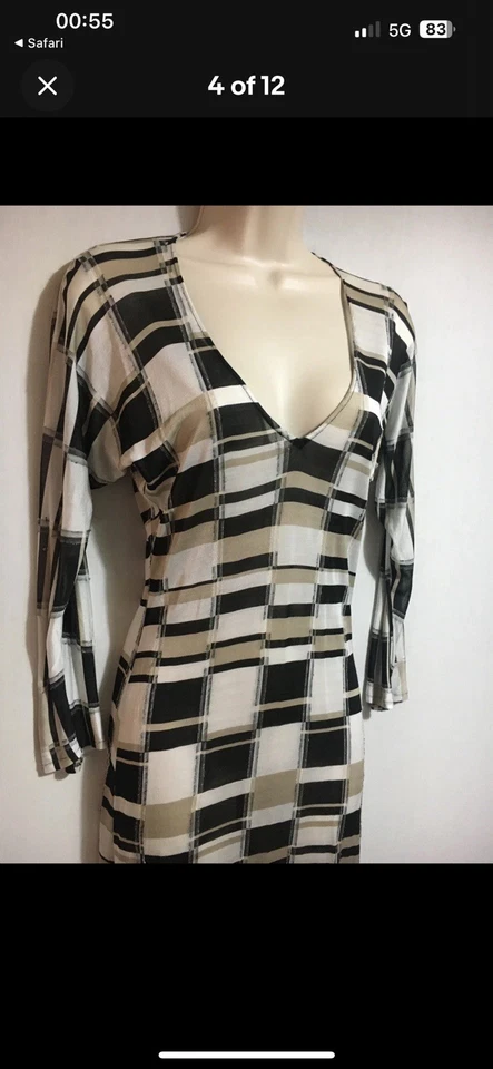 Vestido recto transparente ELSPETH GIBSON Y2K jersey fino de nailon a cuadros OpArt Reino Unido 6 Xs Foto 4 de 4