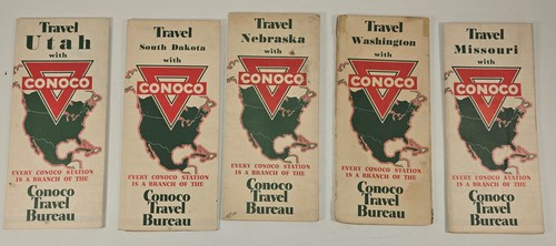 Vintage Conoco Travel Bureau Guide Lot (5) 1930s Bronz-z-z Gasoline Ephemera