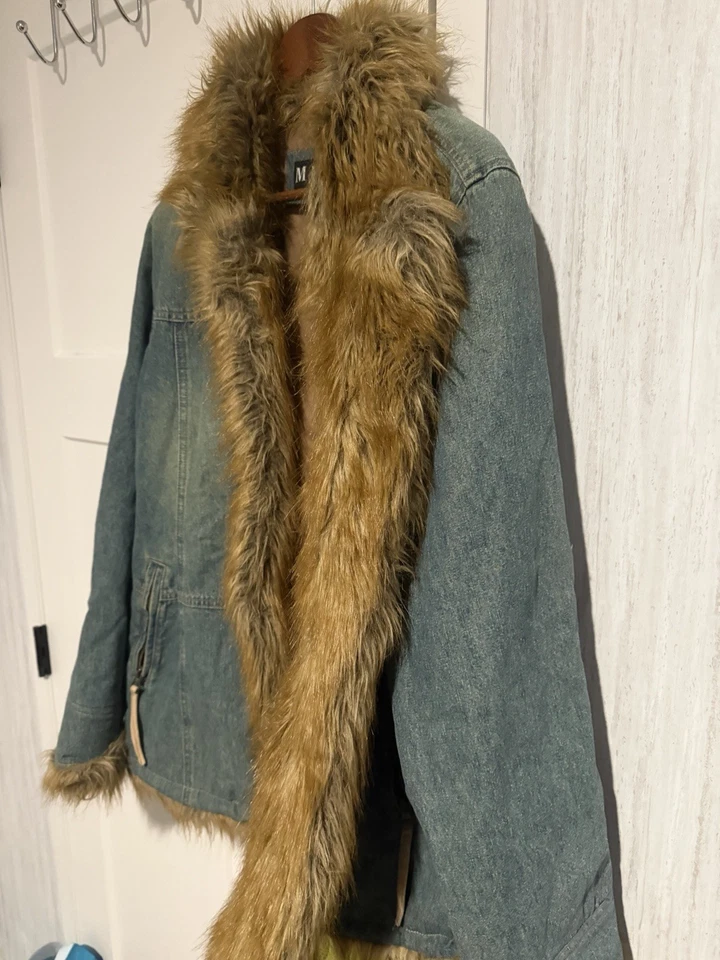 VINTAGE MIXIT BRAND BLUE DENIM FAUX FUR TRIM QUILTED LINING COAT JACKET SIZE XL - Image 4 of 4