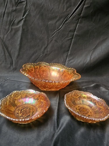Vintage Amber Carnival Glass Set of 3 – Iridescent Scalloped Pressed Pattern
