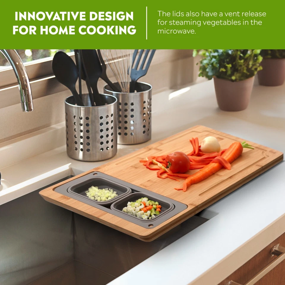 Cutting Board Bamboo With Silicone Containers, 9-Piece Prep Station - Image 3 of 4