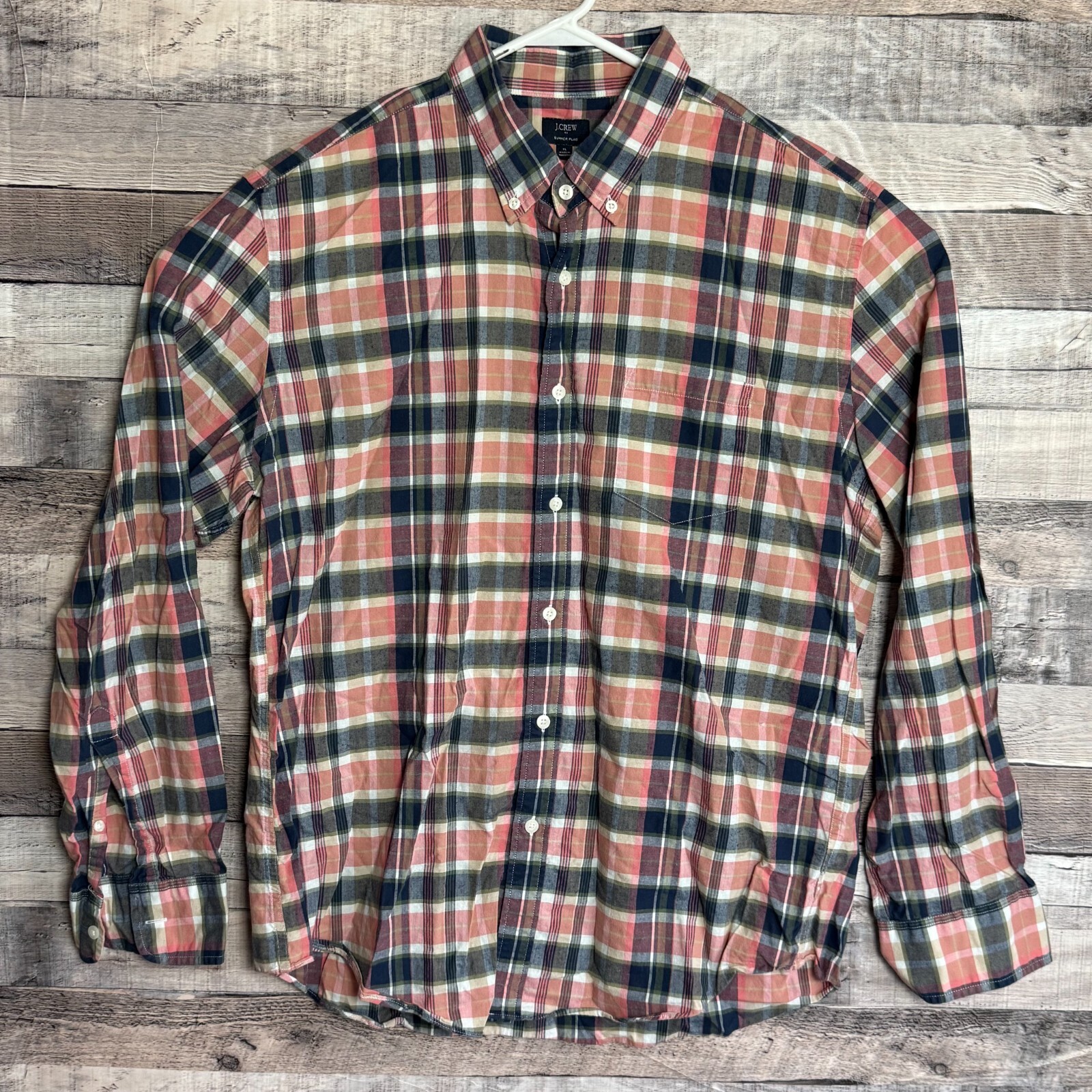 J Crew Summer Plaid Shirt Mens XL Red Plaid Button Up Long Sleeve Casual Modern