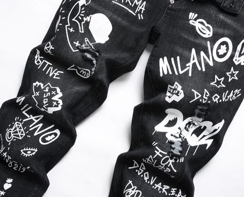 Men's Black Denim White Letter Printed Button Ripped Casual Pants Jeans Trousers - Picture 2 of 13