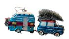 <!--F#f_0-->Blue Station Wagon & Camper Blown Glass Christmas Ornaments Bottle Brush Tree<!--F/-->