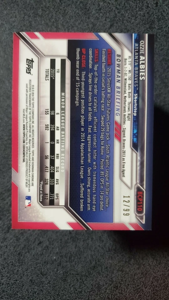 2016 Bowman Chrome OZZIE ALBIES RC Green Refractor #/99 Braves - Image 2 of 2