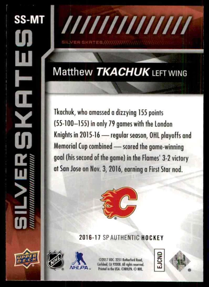 2016-17 SP Authentic Silver Skates Matthew Tkachuk Calgary Flames #SS-MT - Image 2 of 2