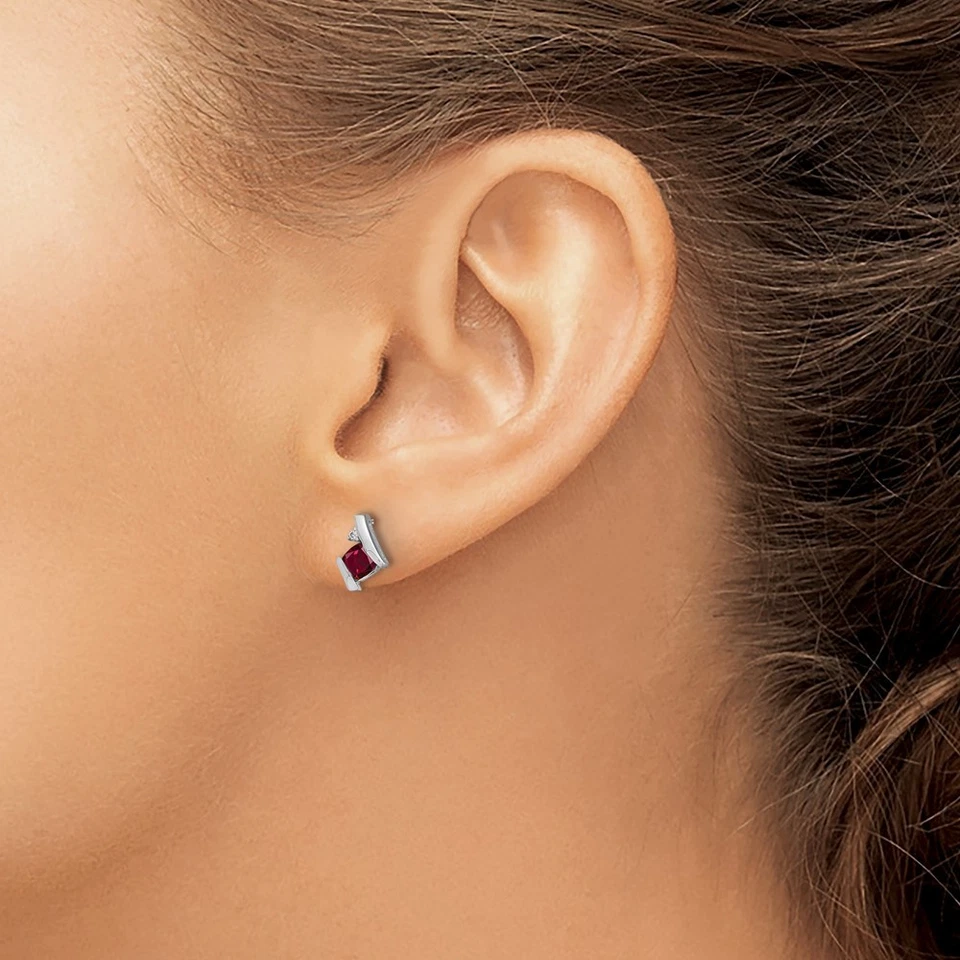 14k White Gold 4mm Cushion Lab Created Ruby and Diamond July Stud Earrings - Image 3 of 4