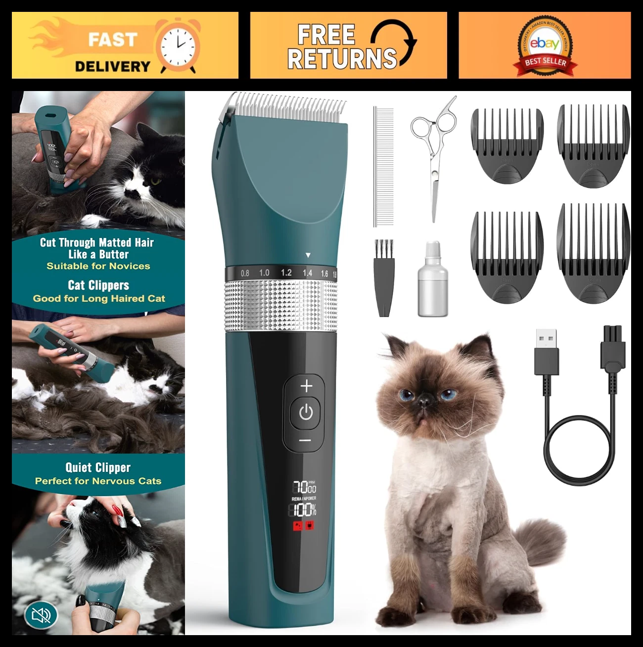 5-Speed Quiet Cat Grooming Clippers, Cordless Waterproof Trimmer for Matted Hair