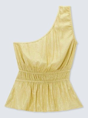 Sommerliches Copenhagen Top Amie asymmetrisch One Shoulder schimmernd beige limette Gr. L