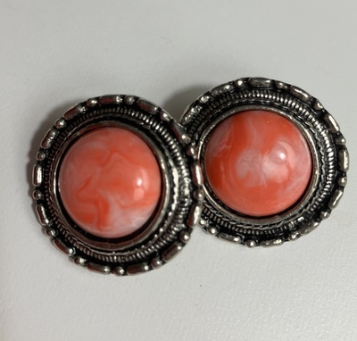 #ad Antique Round Silver Tone Coral Inspired Stone Pressure back earrings $17.00