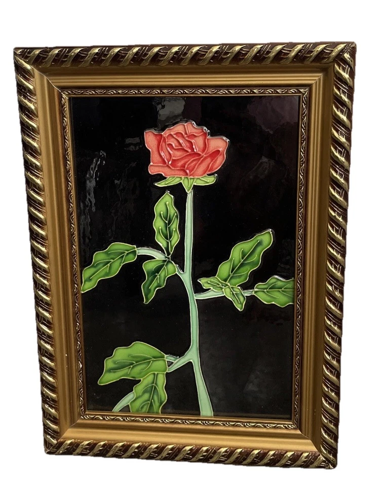 Porcelain Wall Tile Art Pink Rose 3D Tubing Ceramic Moorcroft Style Green Leaves — 第 2/4 张图片