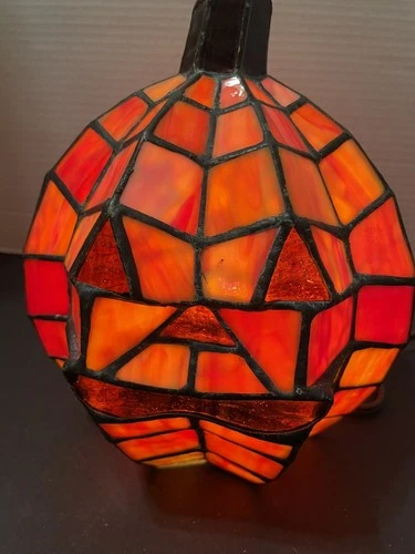 Vtg STAINED GLASS Tiffany Style Halloween JOL JACK O LANTERN Pumpkin Lamp Light