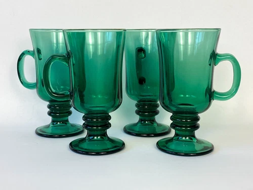 Set 4 Vintage Libbey Juniper Green Glass Footed Pedestal Coffee Mugs Gold Rims