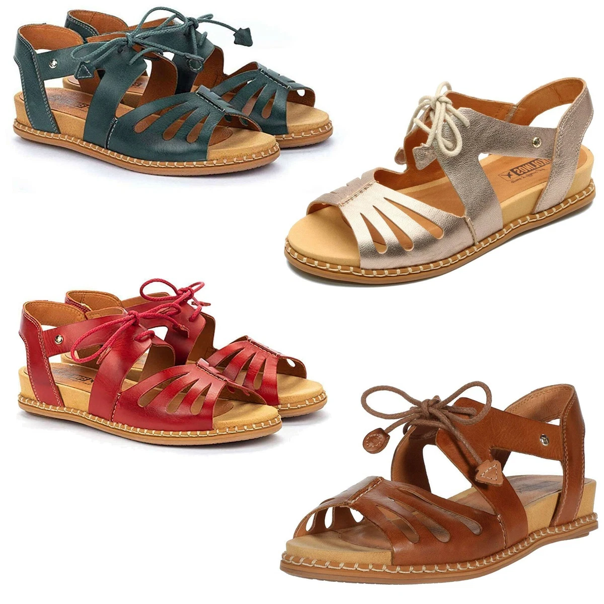 NEW Pikolinos Summer Shoes Marazul Open Toe Flat Leather Lace-Up Sandals | eBay