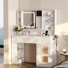 Vanity Desk with Sliding Mirror and Lights Glass Top Makeup Vanity Table