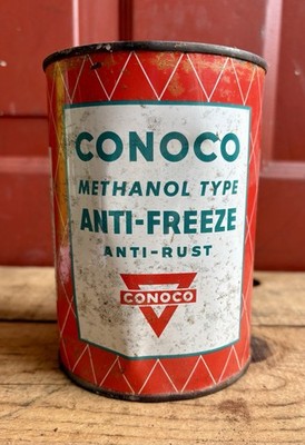 Vintage 1Qt CONOCO Methanol Type Anti-Freeze Anti-Rust Motor Oil Tin Can Full