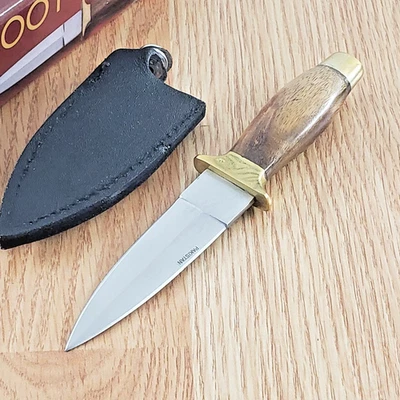 PAKISTAN Fixed Knife 3.12" Stainless Steel Blade Wood/Brass Handle w/Boot Clip Sheath