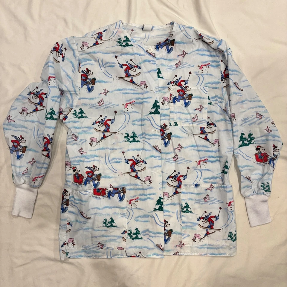 Disney Womens Scrub Top | White Blue | Mickey & Goofy Winter Scene Skating | Med - Image 4 of 4