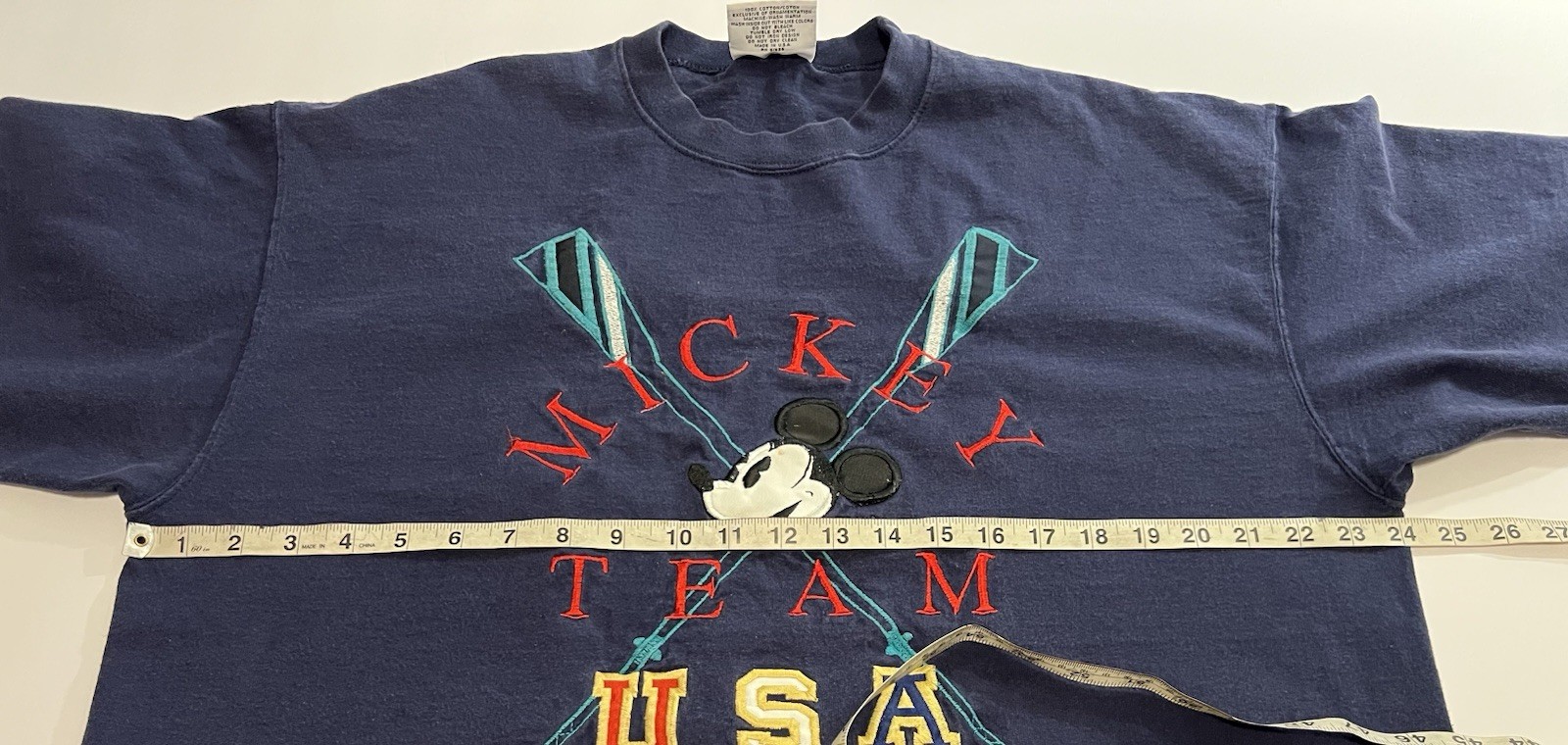 FILA T shirt girocollo vintage GENUS Topolino squadra di canottaggio USA blu navy taglia L made USA