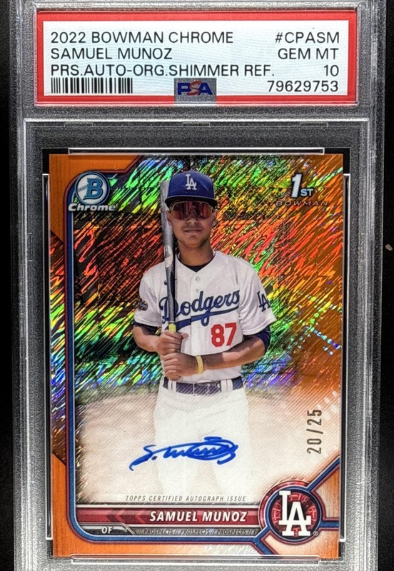 SAMUEL MUNOZ 2022 BOWMAN CHROME #CPA-SM ORANGE SHIMMER /25 AUTO 1ST PSA 10 GEM
