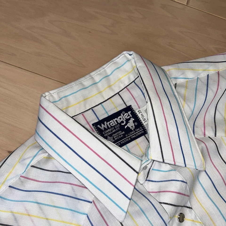 Vintage Wrangler Brushpopper Pearl Snap Striped Shirt Long Sleeve Men’s 16.5-35 - Image 3 of 4