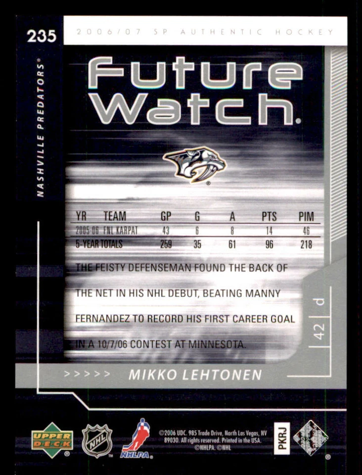 2006-07 SP Authentic #235 Mikko Lehtonen RC /999 (ref 240050) - Image 2 of 2