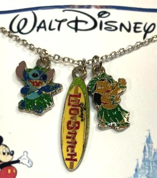 Disney Baby Lilo Stitch Trio 18 Inch Necklace 3 Charms SIGNED Silver Plate NEW